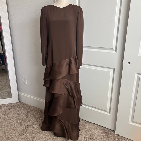 VTG Carolina Herrera Bergdorf Goodman Brown Silk Gown Long Sleeve Tiered Sz 14 - Picture 2 of 16